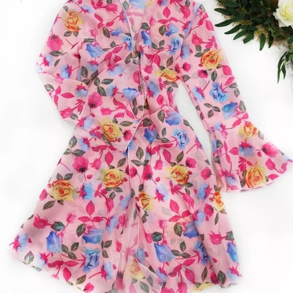 New Rose Floral Print Open Front Beach Cover Up - Picture 7 of 7